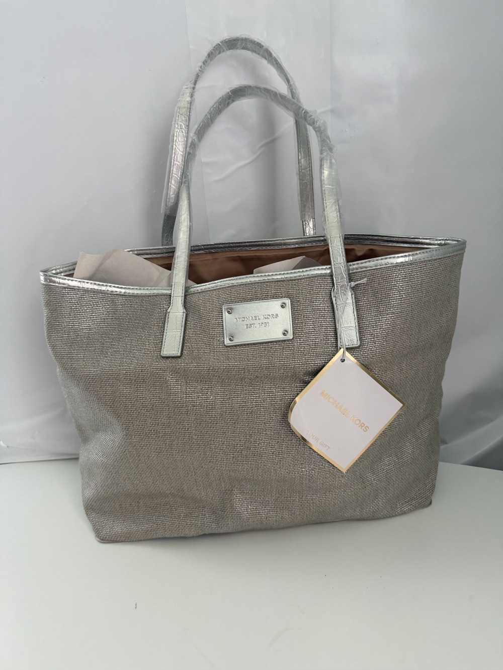 Michael Kors Metallic Silver Tote with Textured Body